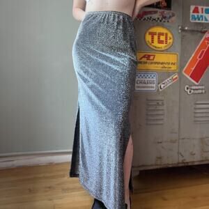 Vintage 90s Silver Lurex Maxi Skirt | Girlfriends Y2K Metallic Bias-Cut | Size S